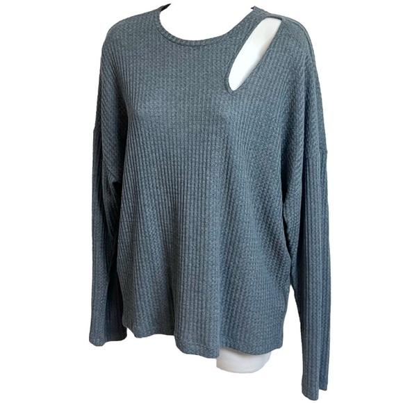 NEW Express Waffle Knit Scoop Neck Long Sleeve Pullover Top Gray high low M - Picture 3 of 8